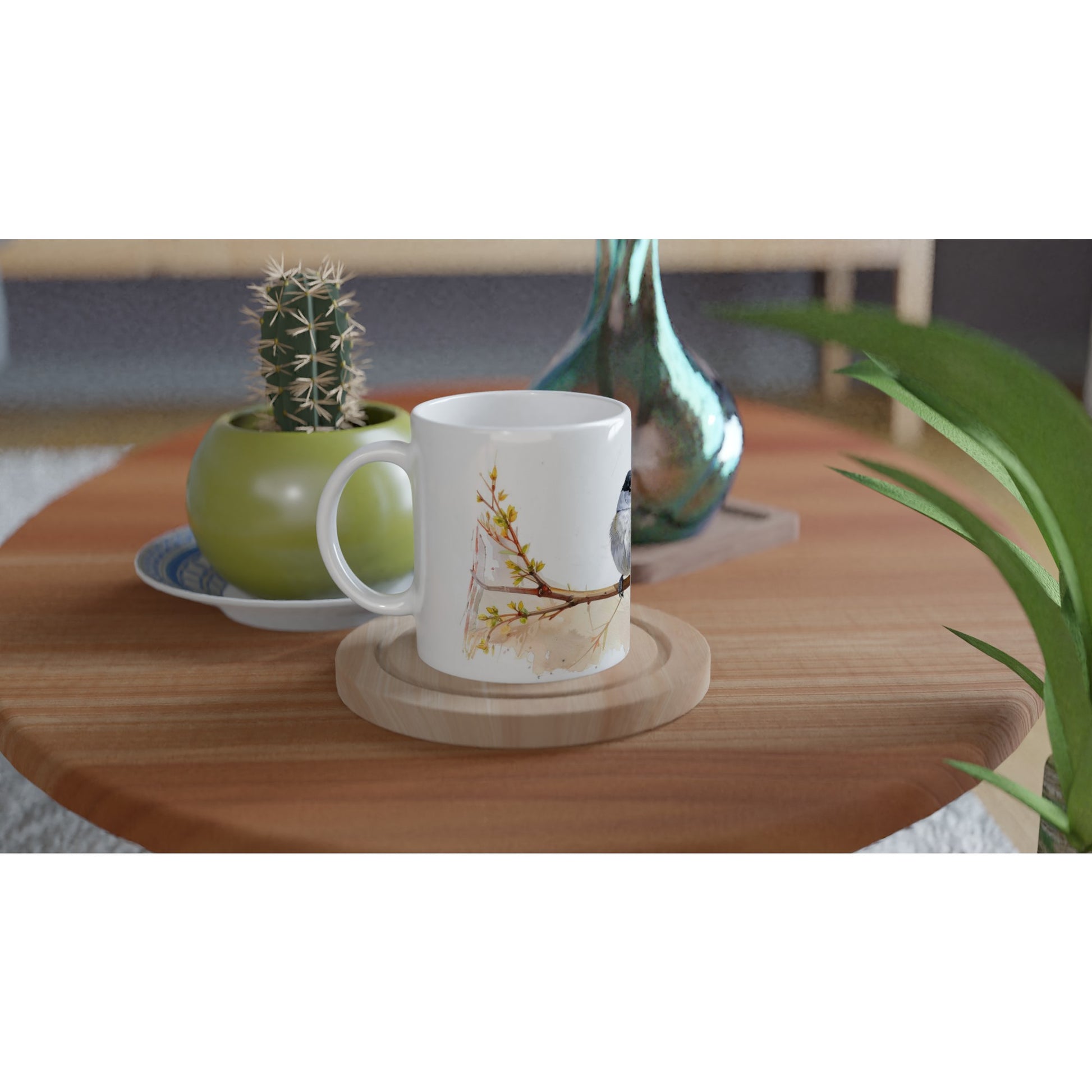 Mönchsgrasmücke Tasse 330 ml mit Vogelpaar auf einem Ast und feiner Naturillustration auf weißer Keramik