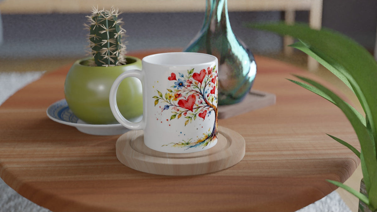 Geschenktasse mit verliebtem Vogelpaar an einem Baum mit Herzen. Der zarte Aquarellstil macht die Keramiktasse zu einer romantischen Aufmerksamkeit für einen Lieblingsmenschen.