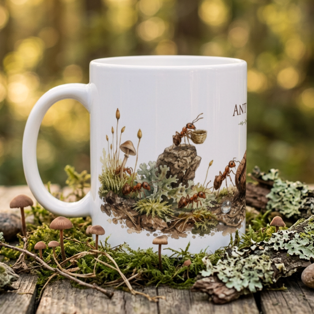 Ameisen Tasse mit Ant Café Aquarellmotiv, Moos, Pilzen und großer Kaffeebohne.