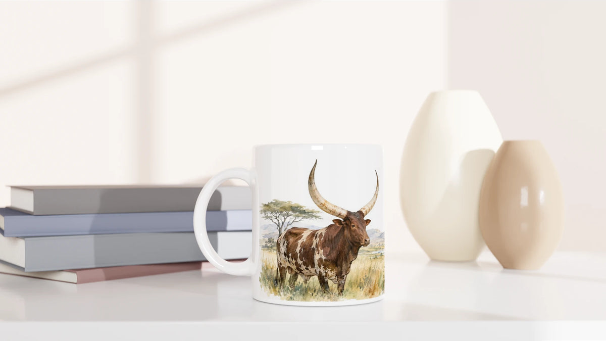 Watusi Rinder Tasse mit braun-weiß gezeichneten Langhornrindern vor afrikanischer Savanne