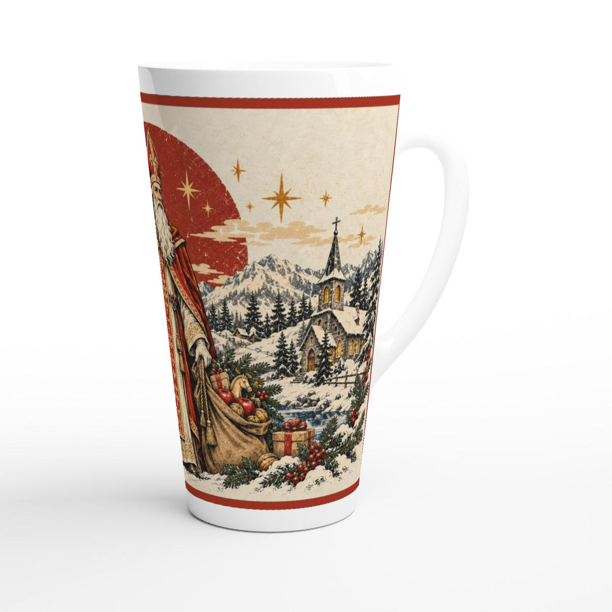 Weißer Weihnachtsbecher mit einer traditionellen Darstellung des Heiligen Nikolaus. Das nostalgische Design passt zur Adventszeit und zu gemütlichen Kaffeepausen im Winter.