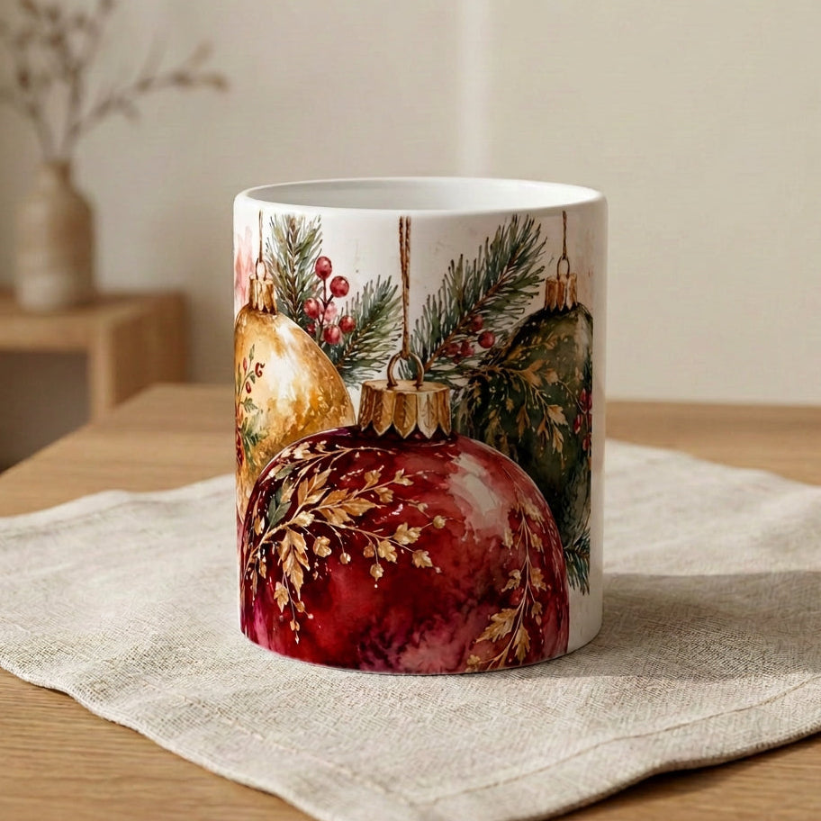 Weihnachtstasse mit festlichem Motiv aus Christbaumkugeln in Rot, Grün und Gold, umgeben von Tannenzweigen. Die weiße Keramiktasse mit farbigen Akzenten ist im weihnachtlichen Design gestaltet.