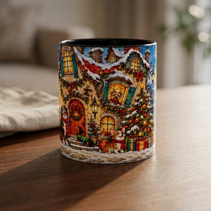 Weihnachtstasse mit Hunden im winterlichen Dorf und einem Weihnachtsbaum. Die weiße Keramiktasse mit schwarzem Henkel und stimmungsvollem Weihnachtsmotiv fasst rund 330 ml.