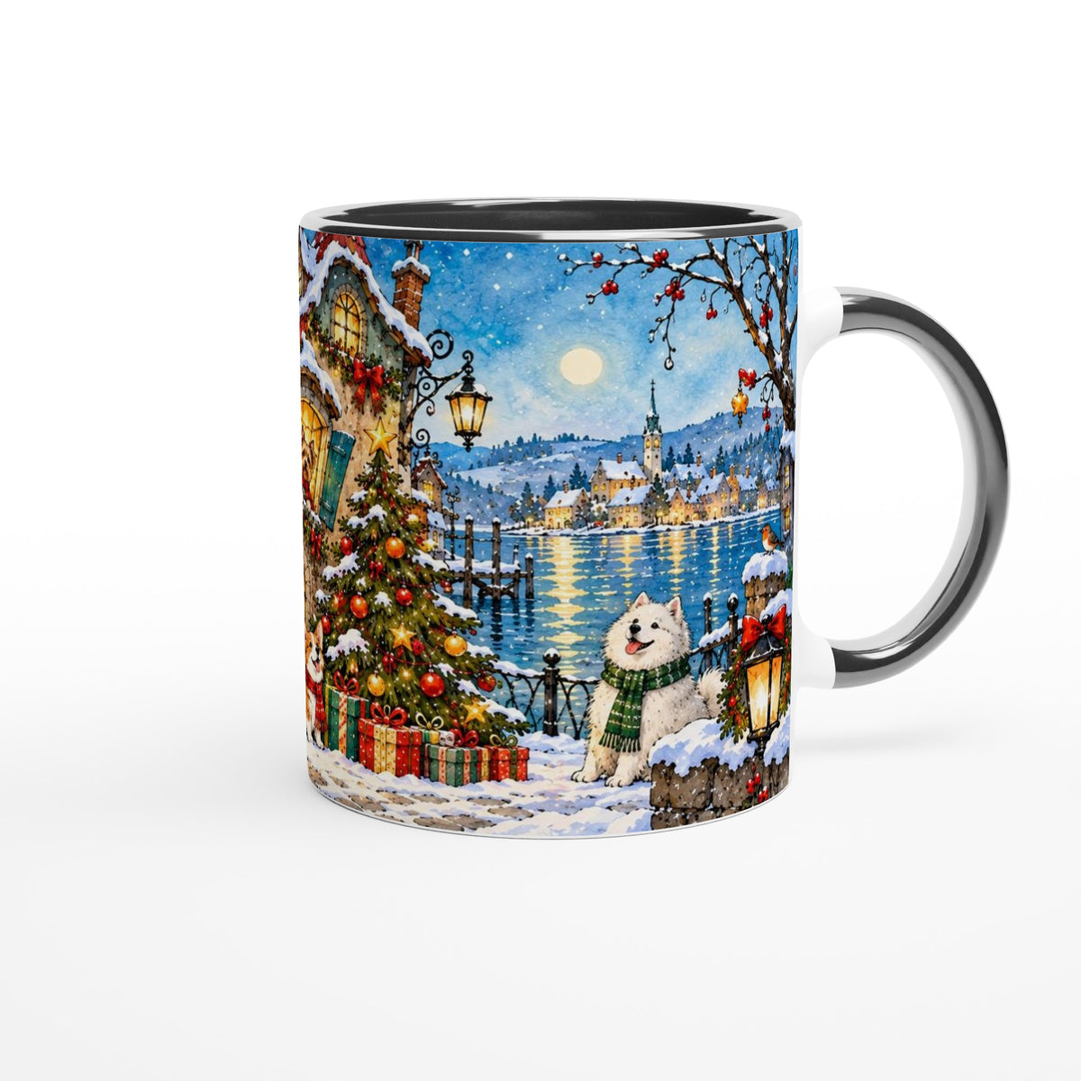 Weihnachtstasse mit schwarzem Henkel, hellem Druckbereich und einem winterlichen Hundemotiv. Hunde und Weihnachtsbaum bilden eine stimmungsvolle Szene für die Adventszeit.