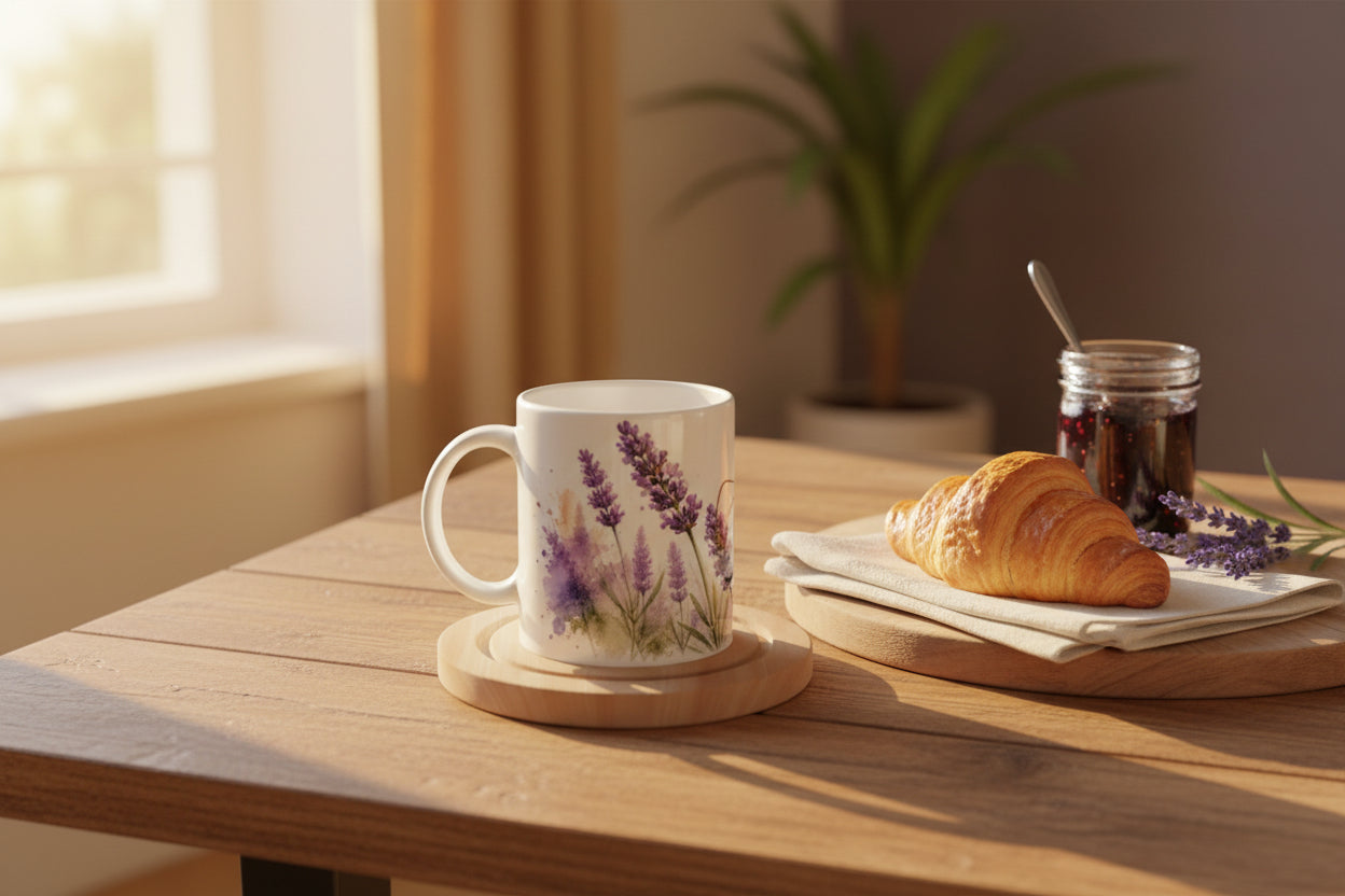 Keramiktasse mit feinem Naturmotiv aus Lavendelblüten und schwebendem Taubenschwänzchen.
