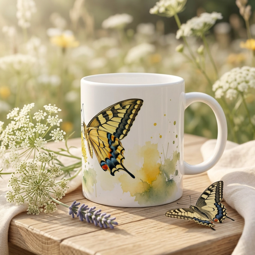 Schwalbenschwanz Tasse 330 ml mit feinem Schmetterlingsmotiv und zarten botanischen Pflanzenelementen.
