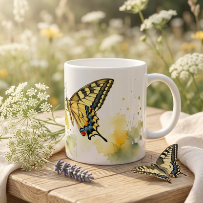 Schwalbenschwanz Tasse 330 ml mit feinem Schmetterlingsmotiv und zarten botanischen Pflanzenelementen.
