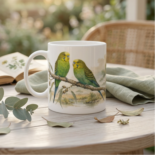 Keramiktasse mit Wellensittich Paar im Aquarellstil als Geschenkidee für Vogelfreunde
