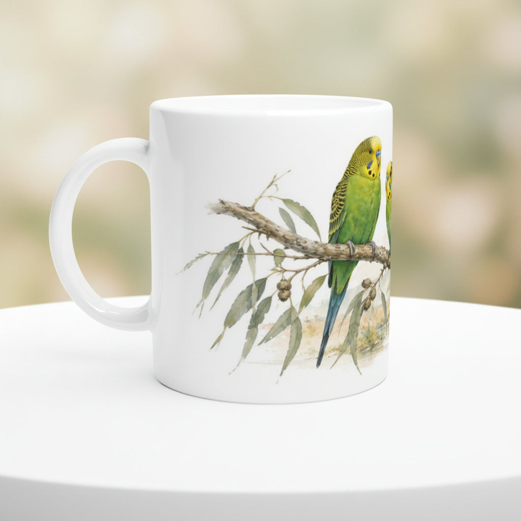 Wellensittich Tasse 330 ml mit zwei grünen Vögeln auf einem Ast und ruhiger Naturillustration