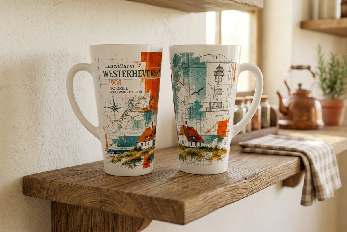 Maritime Latte-Tasse mit dem Leuchtturm Westerheversand, einem bekannten Wahrzeichen Nordfrieslands, als ruhige Küstenillustration für die Kaffeepause.