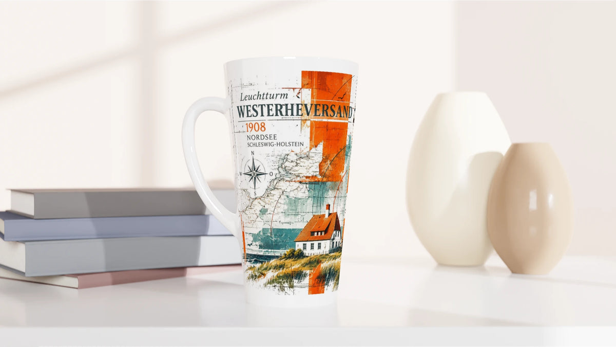 Westerheversand Latte-Tasse als Geschenk für Leuchtturm-Fans, Nordsee-Reisende und Liebhaber maritimer Motive aus Schleswig-Holstein und Eiderstedt.