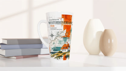 Westerheversand Latte-Tasse als Geschenk für Leuchtturm-Fans, Nordsee-Reisende und Liebhaber maritimer Motive aus Schleswig-Holstein und Eiderstedt.