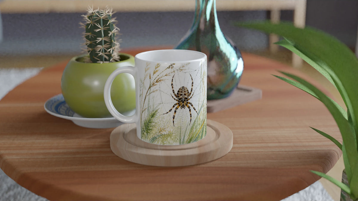 Weiße Keramiktasse mit aquarellierten Wiesengräsern, feinen Samenständen und kleiner Wiesenvegetation als Gegenseite zum Gartenkreuzspinnen-Motiv.