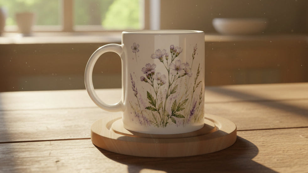 Botanische Tasse mit zarten violetten Wiesenblumen, weißen Blüten, Knospen und transparent gemalten Gräsern im Aquarellstil