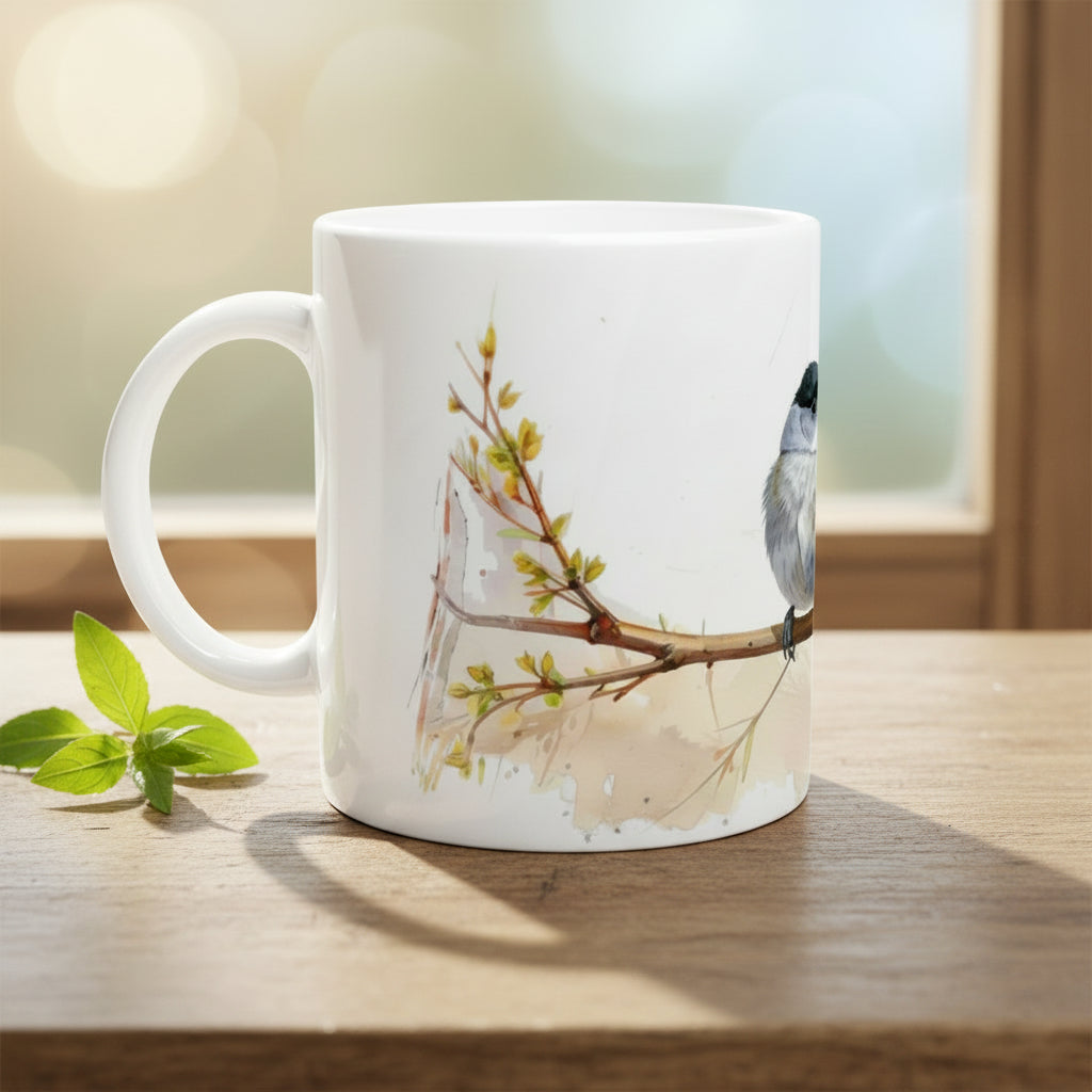 Mönchsgrasmücke Tasse 330 ml mit Vogelpaar auf einem Ast und feiner Naturillustration auf weißer Keramik