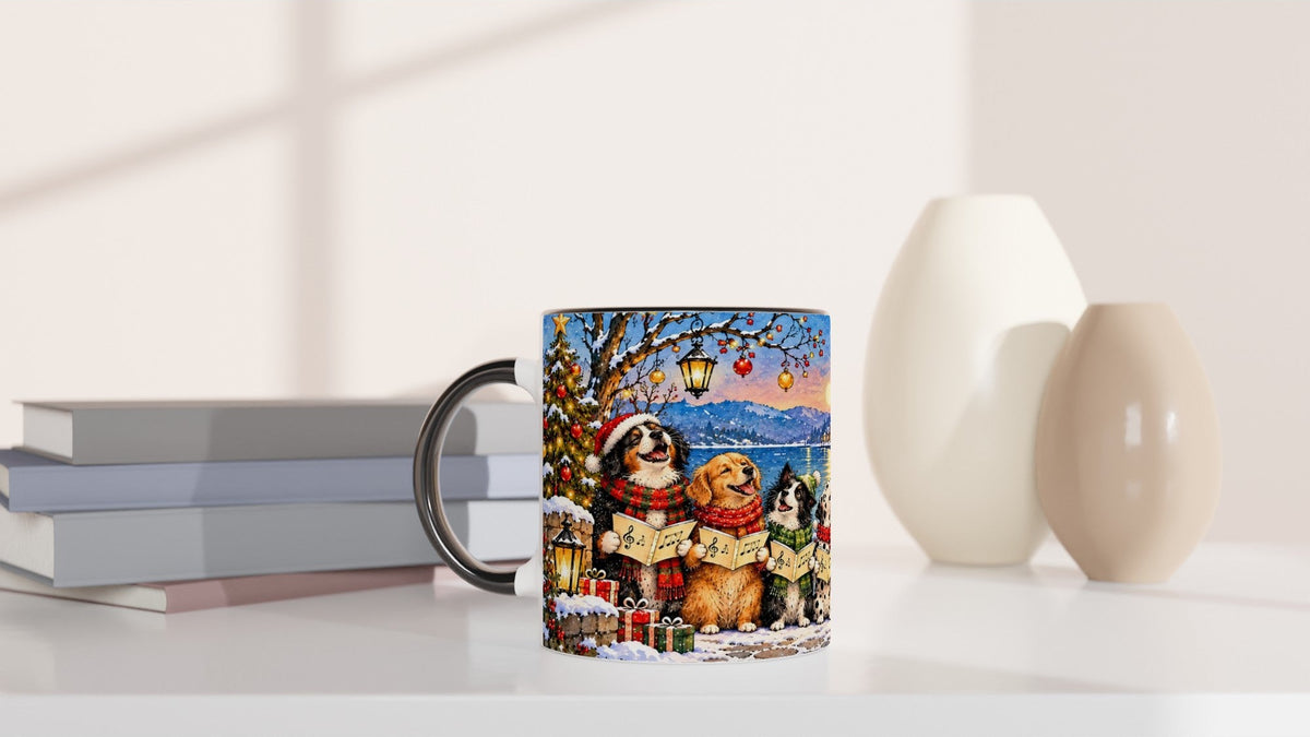 Liebevoll illustriertes Winterdorf mit singenden Hunden als Weihnachtschor auf einer Keramiktasse. Das Motiv erinnert an Weihnachtslieder, verschneite Häuser und gemütliche Wintertage.
