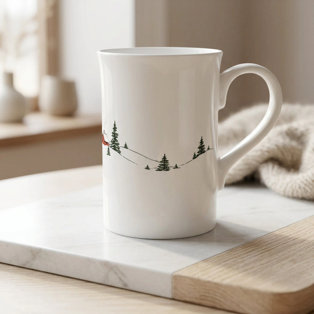Weiße, schlanke Porzellantasse mit 295 ml Fassungsvermögen und minimalistischer Winterhütte im Schnee als ruhigem Wintermotiv – Hauptansicht des Produkts.