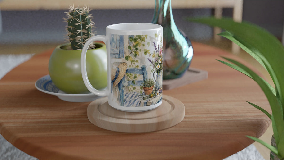 Große personalisierte Geburtstagstasse mit botanischem Wunschgarten aus Blättern, Blüten, Schmetterling und feinen Aquarelldetails.