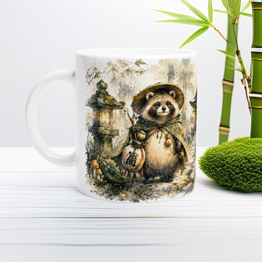 Japanische Folklore Illustration mit Tanuki und Waldschrein