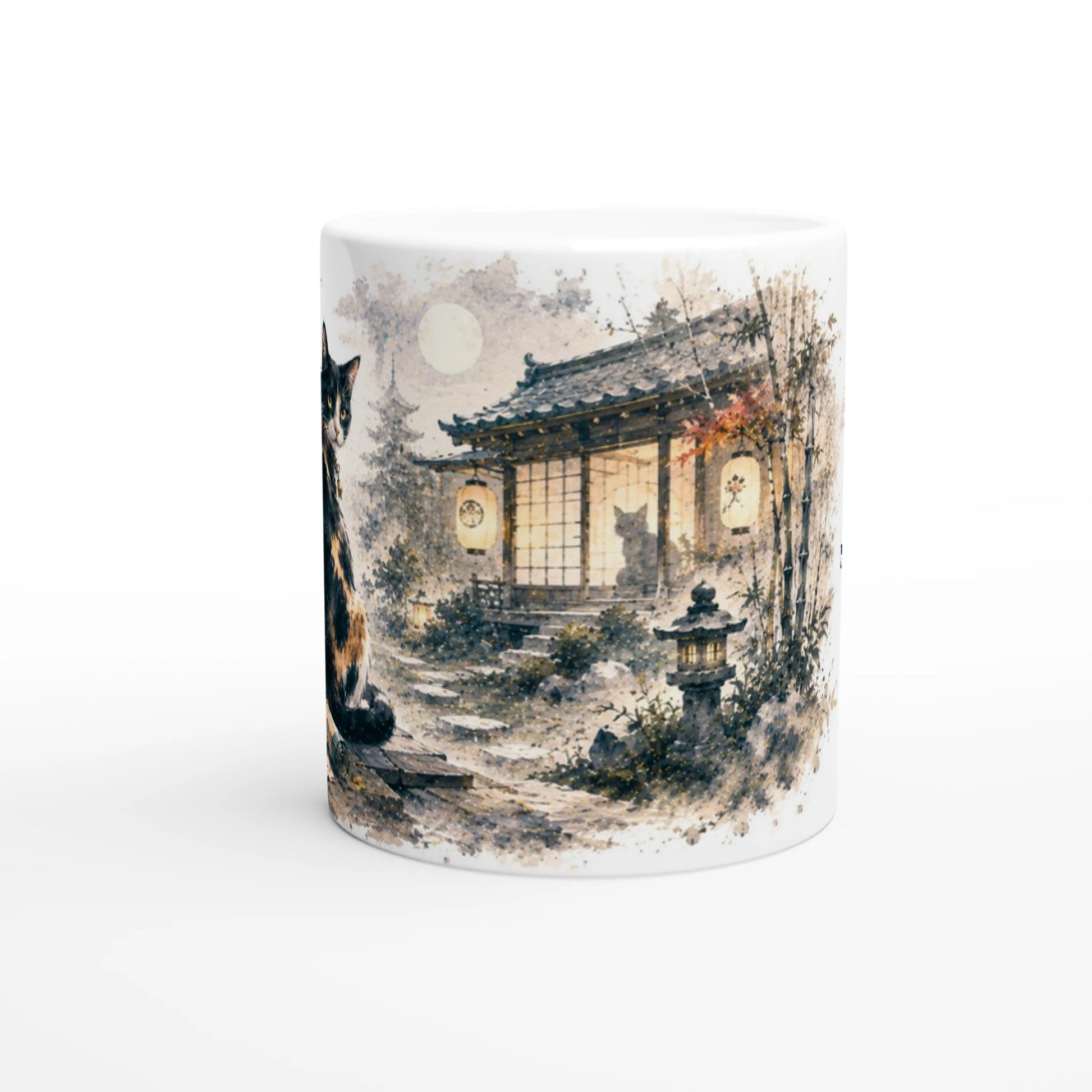 Mystische Katzen Illustration mit japanischem Haus bei Nacht
