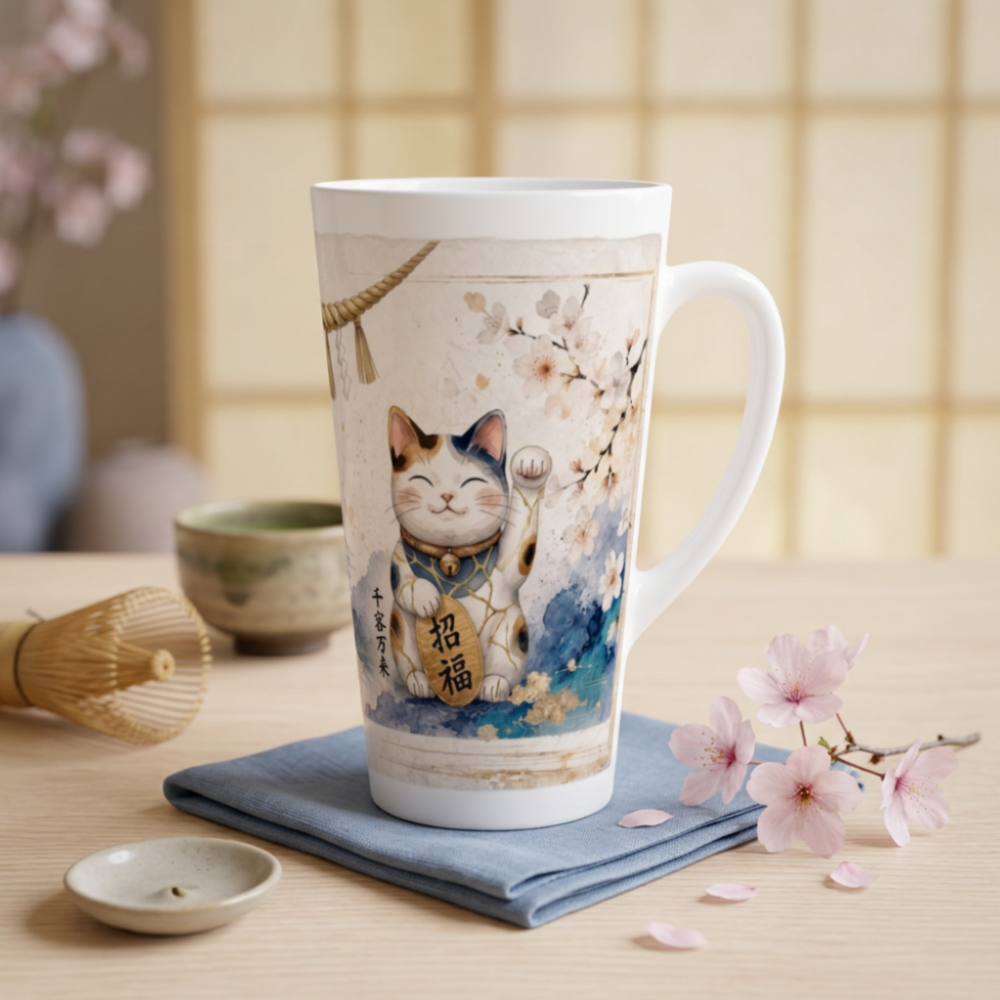 Japan inspirierte Latte Tasse mit Maneki Neko Motiv, Sakura Zweigen und ruhigem Zen Ambiente als besondere Geschenkidee
