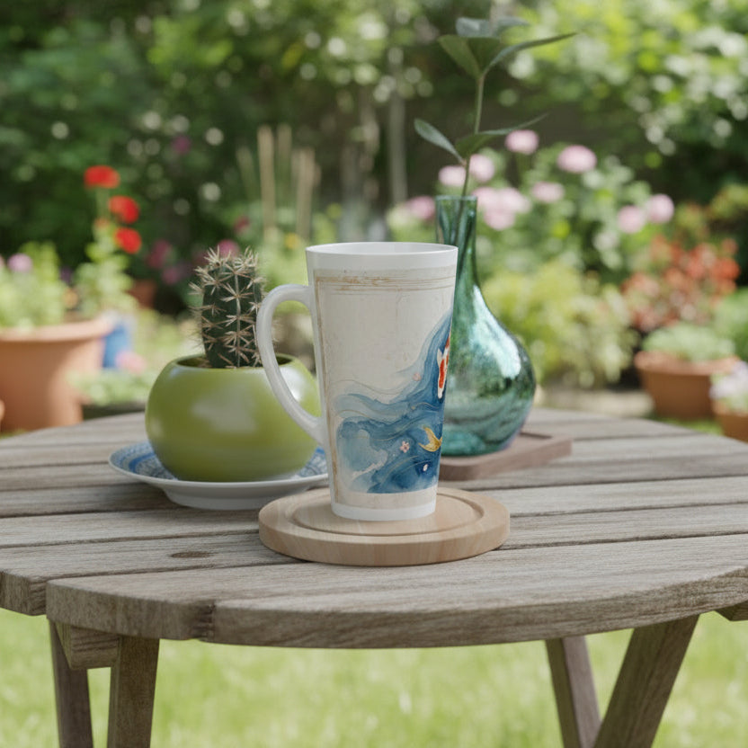Koi Fisch Tasse mit elegantem Japan Design, blauen Aquarellflächen und ruhiger Zen Atmosphäre
