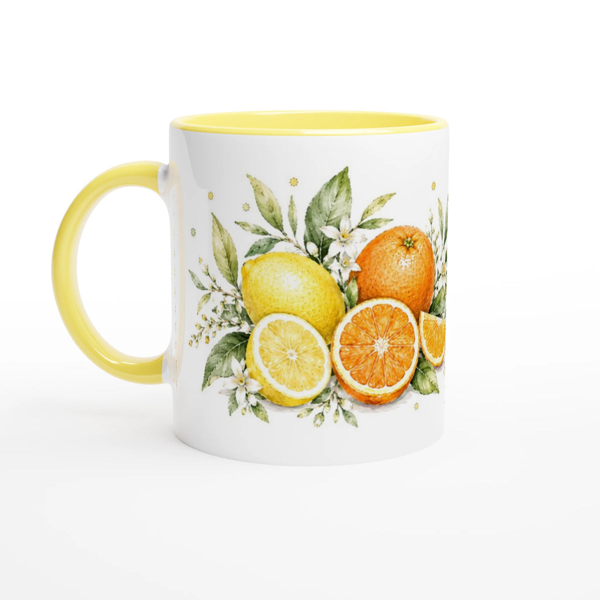 Zitronen Orangen Tasse 330 ml mit sonnengelben Zitronen, leuchtenden Orangen, grünen Blättern und zarten Zitrusblüten im hellen Aquarellstil.