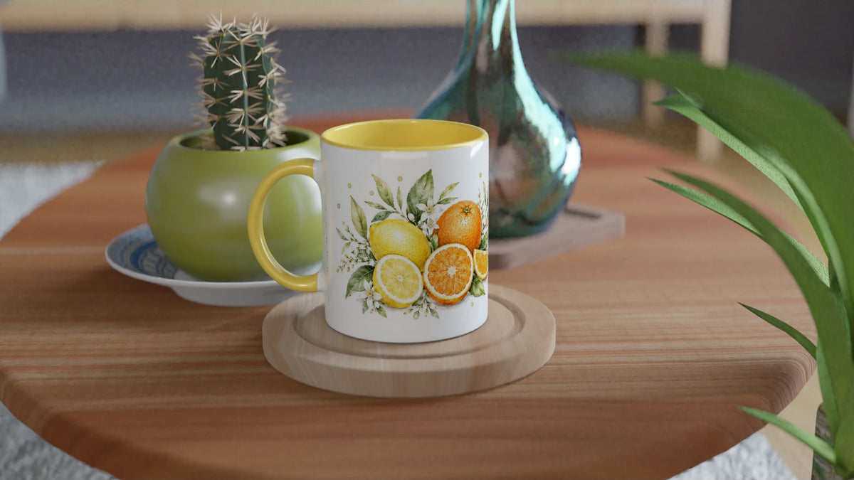 Weiße Edition der Zitronen Orangen Tasse 330 ml mit leuchtenden Zitrusfrüchten, feinen Blüten und botanischem Blattwerk im Aquarellstil.