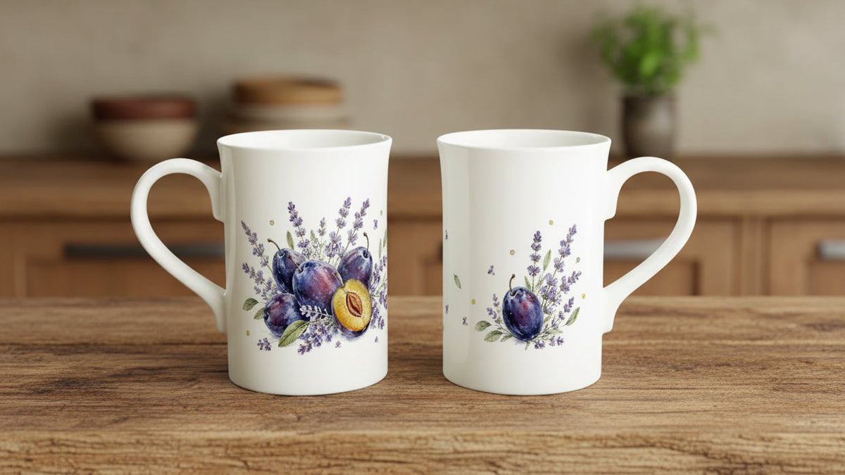 Botanische Porzellantasse mit mehreren violetten Zwetschgen und zartem Lavendel in heller Aquarelloptik