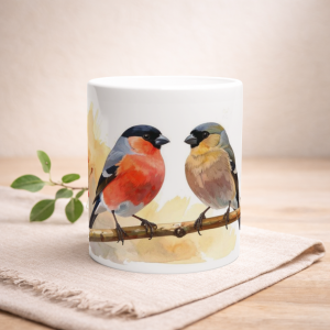 Keramiktasse mit zwei Dompfaffen auf Zweig im Aquarellstil