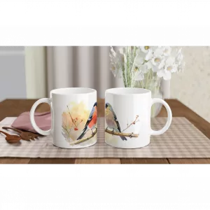 Keramiktasse mit zwei Dompfaffen auf Zweig im Aquarellstil