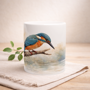 Weiße Keramiktasse mit farbenfrohem Eisvogel-Aquarell auf einem Ast sitzend, 330ml Volumen