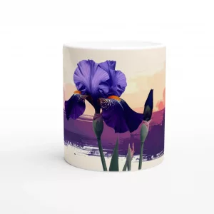 Iris Aquarell Tasse mit tiefvioletter Schwertlilie und modernem Grafik-Element auf weißer Keramik