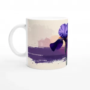 Iris Aquarell Tasse mit tiefvioletter Schwertlilie und modernem Grafik-Element auf weißer Keramik