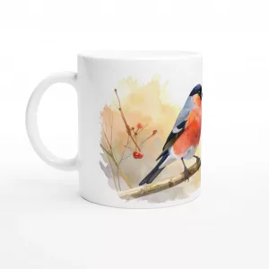 Keramiktasse mit zwei Dompfaffen auf Zweig im Aquarellstil