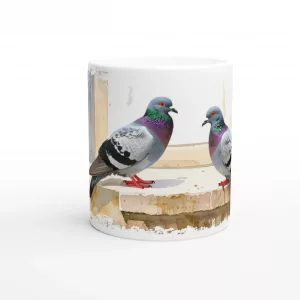 Tauben Tasse 330 ml aus der Serie Still Branch Birds mit zwei ruhigen Stadttauben auf einer schlichten Mauer im sanften Aquarell-Gouache-Stil