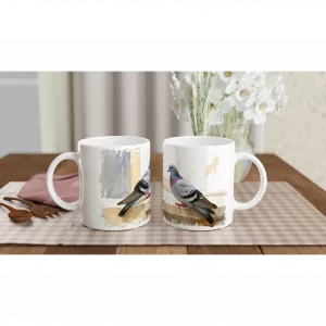 Tauben Tasse 330 ml aus der Serie Still Branch Birds mit zwei ruhigen Stadttauben auf einer schlichten Mauer im sanften Aquarell-Gouache-Stil