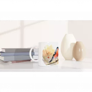 Keramiktasse mit zwei Dompfaffen auf Zweig im Aquarellstil