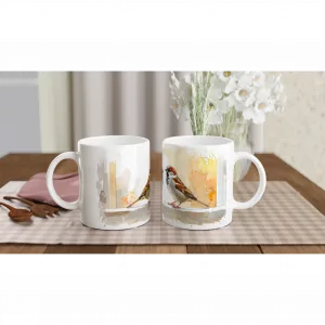 Spatz Tasse 330ml mit zwei Sperlingen im Aquarell-Gouache-Stil auf weißer Keramik