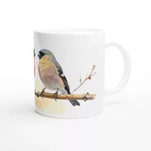 Keramiktasse mit zwei Dompfaffen auf Zweig im Aquarellstil