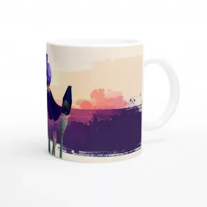 Iris Aquarell Tasse mit tiefvioletter Schwertlilie und modernem Grafik-Element auf weißer Keramik