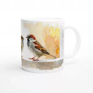 Spatz Tasse 330ml mit zwei Sperlingen im Aquarell-Gouache-Stil auf weißer Keramik