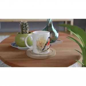 Keramiktasse mit zwei Dompfaffen auf Zweig im Aquarellstil