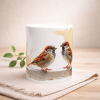 Spatz Tasse 330ml mit zwei Sperlingen im Aquarell-Gouache-Stil auf weißer Keramik