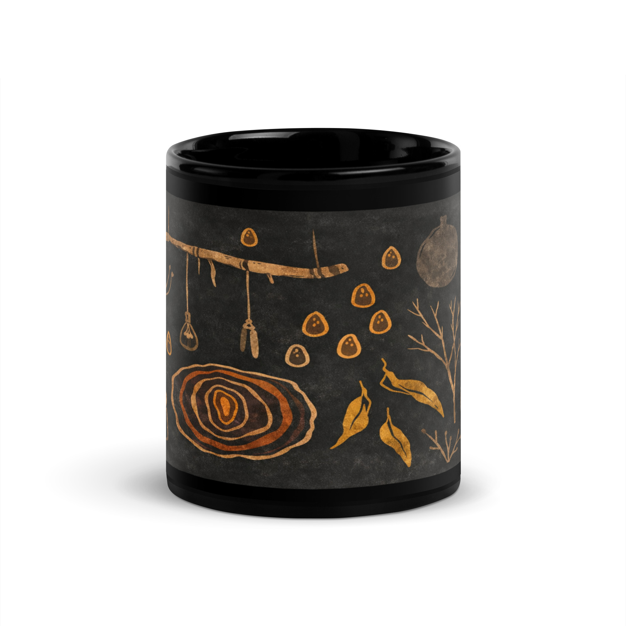 Schwarze Keramiktasse mit japanisch inspiriertem Wabi-Sabi Muster in warmen Naturtönen, erhältlich in 330 ml oder 440 ml Schwarze Keramiktasse mit japanisch inspiriertem Wabi-Sabi Muster in warmen Naturtönen, erhältlich in 330 ml oder 440 ml