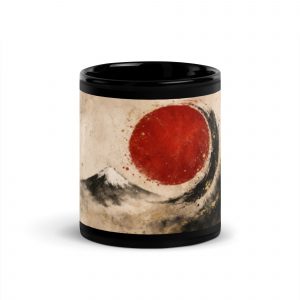 Schwarze Keramiktasse mit japanisch inspiriertem Fuji-Motiv, roter Sonne und expressiver Wellen- oder Tuscheform, erhältlich in 330 ml oder 440 ml