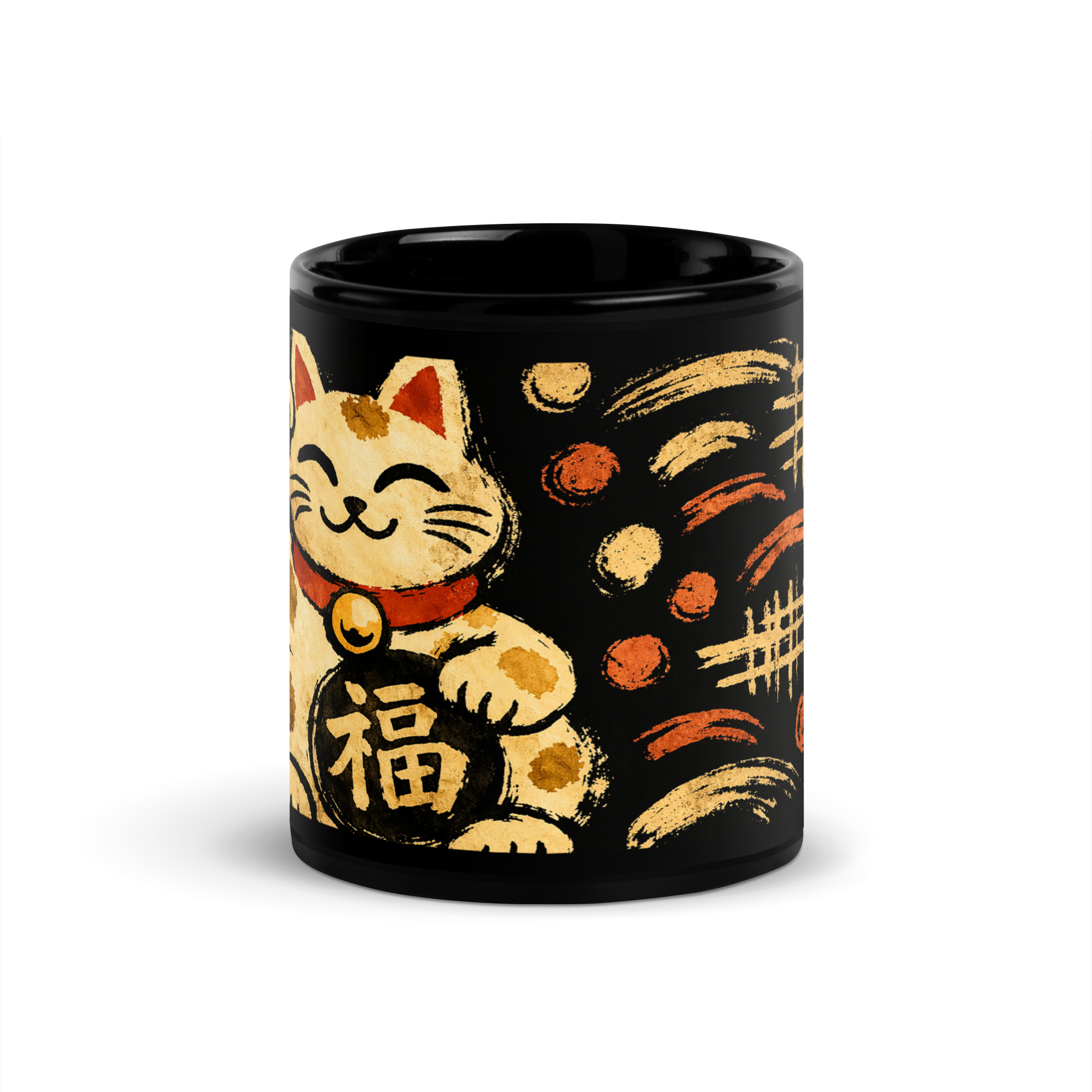 Schwarze Keramiktasse mit großer japanisch inspirierter Glückskatze in warmen Creme-, Ocker- und Rottönen, erhältlich in 330 ml oder 440 ml Schwarze Keramiktasse mit großer japanisch inspirierter Glückskatze in warmen Creme-, Ocker- und Rottönen, erhältlich in 330 ml oder 440 ml