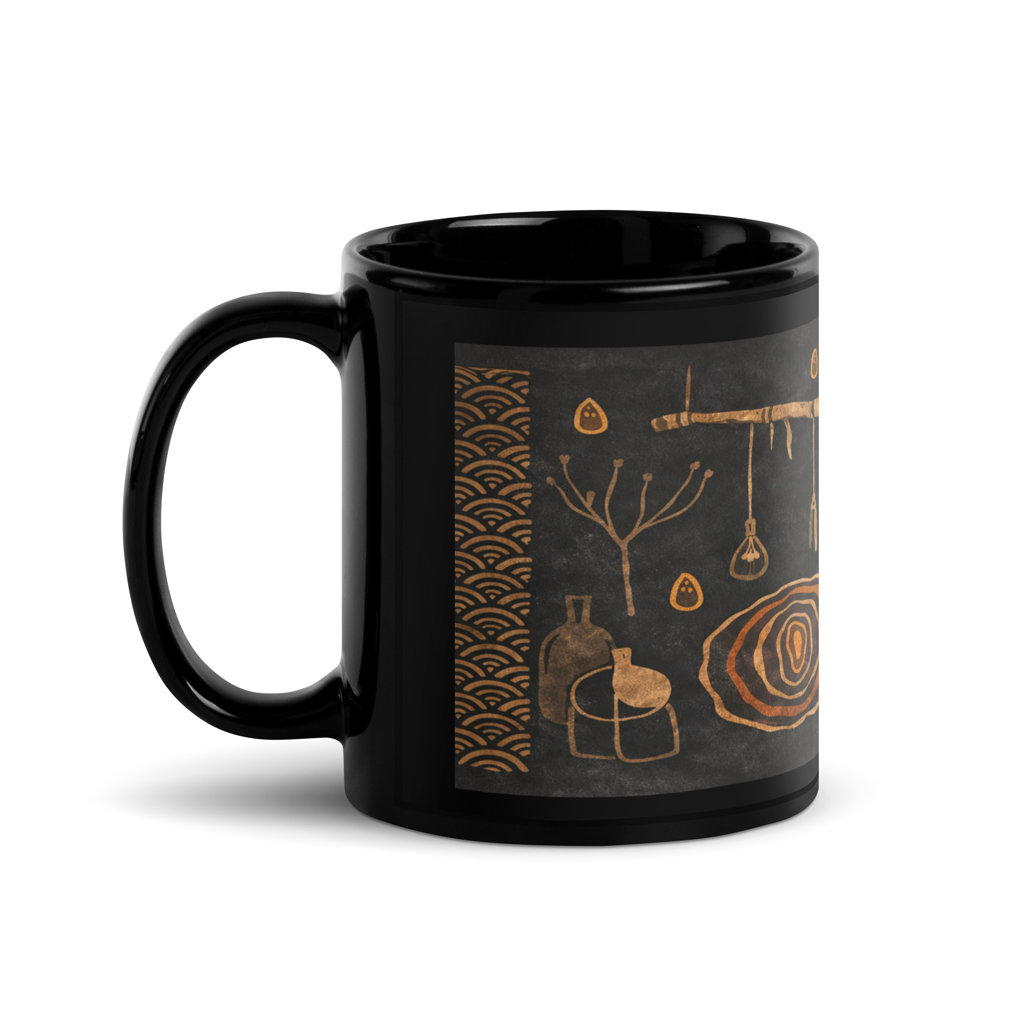 Schwarze Keramiktasse mit japanisch inspiriertem Wabi-Sabi Muster in warmen Naturtönen, erhältlich in 330 ml oder 440 ml Schwarze Keramiktasse mit japanisch inspiriertem Wabi-Sabi Muster in warmen Naturtönen, erhältlich in 330 ml oder 440 ml