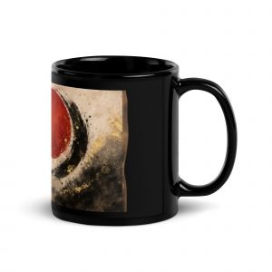 Schwarze Keramiktasse mit japanisch inspiriertem Fuji-Motiv, roter Sonne und expressiver Wellen- oder Tuscheform, erhältlich in 330 ml oder 440 ml