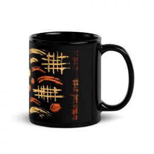 Schwarze Keramiktasse mit großer japanisch inspirierter Glückskatze in warmen Creme-, Ocker- und Rottönen, erhältlich in 330 ml oder 440 ml